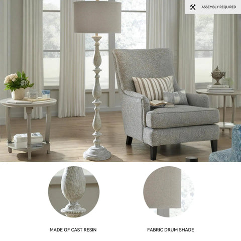 Living room scene with Bernadate Cottage Candlestick Floor Lamp, 61 Inch Tall, 3 Way Switch, whitewashed cast resin base, fabric drum shade