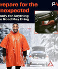 Emergency survival kit image: man in orange poncho on snowy road with cars; inset shows car glove-box first-aid kit.