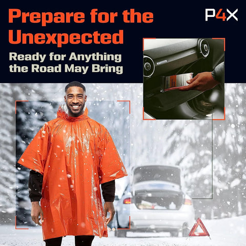 Emergency survival kit image: man in orange poncho on snowy road with cars; inset shows car glove-box first-aid kit.