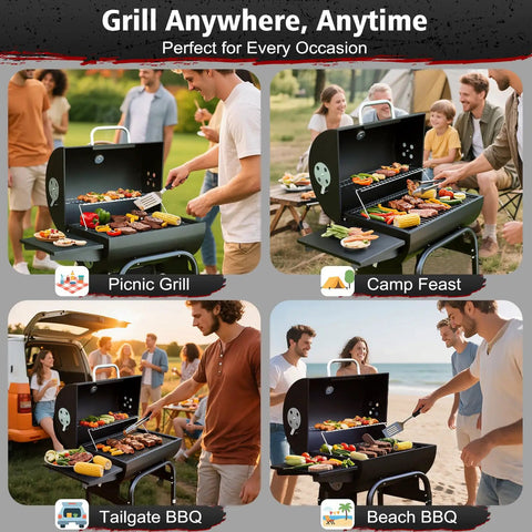 Barrel Charcoal Grill With Side Table, Premium Spacious Outdoor BBQ Cooker for diverse outdoor settings and activities