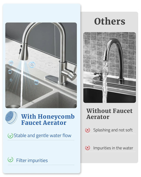 Comparison of brushed nickel kitchen faucet sprayer head with aerator and without, showing water flow differences.