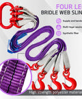 Four Leg Bridle Web Sling Five Foot Heavy Duty Lifting Strap 6600lbs Capacity With G80 Alloy Steel Grab Hooks Purple Straps