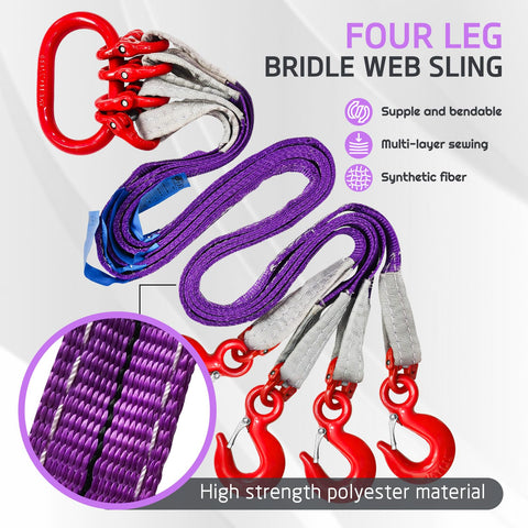 Four Leg Bridle Web Sling Five Foot Heavy Duty Lifting Strap 6600lbs Capacity With G80 Alloy Steel Grab Hooks Purple Straps