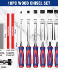 True Workhorse 10 Piece Bevel Edge Wood Chisel Set For Fine Cabinetry And Precision Carving Featuring Tough CRV Steel Blades, sharpening stone, holder