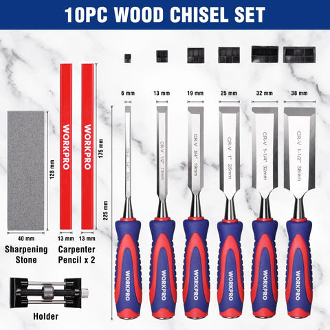 True Workhorse 10 Piece Bevel Edge Wood Chisel Set For Fine Cabinetry And Precision Carving Featuring Tough CRV Steel Blades, sharpening stone, holder