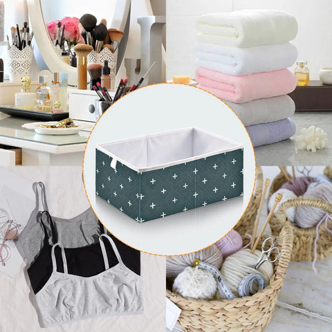 Heavy Duty Foldable Storage Bins With Reinforced Hollow Board Panels, Collapsible Closet Organizers Crafted From Thick 300D Oxford Fabric, Built Tough To Keep Shape While Holding Daily Essentials, Simple Cleanup placed among organized items like towels and makeup brushes.