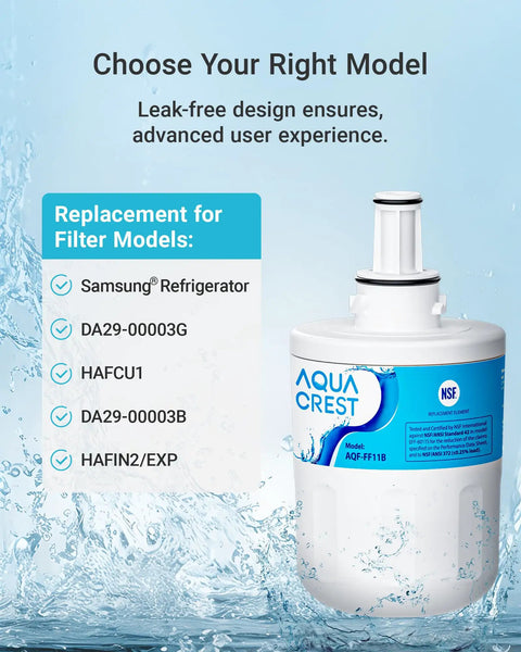 Three Pack Refrigerator Water Filter Replacement For Samsung Da29-00003G Da29-00003A Da29-00003B Da29-00003D shown with Aqua Crest label