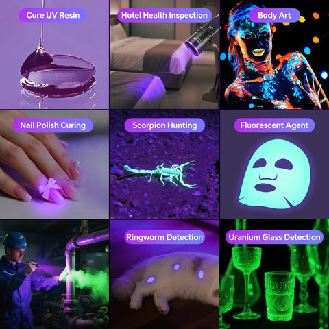 365Nm UV Black Light Flashlight With LCD Display Rechargeable 30W Ultraviolet Flashlight in various detection uses like scorpion hunting and resin curing.