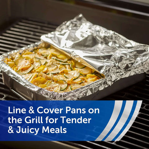 Heavy Duty Aluminum Foil Roll 200 Feet Long By 12 Inches Wide 200 Square Feet Total Perfect For Grilling And Baking, covering a pan on grill.