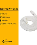 30 Ft Heavy Duty Three Prong Extension Cord With Three Outlets And Flat Head Plug, coiled, 16 AWG, white with specs list.
