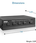 Four Zone Speaker Switch Box For Multi Channel Stereo System A B C D Selector Hub front view with dimensions.