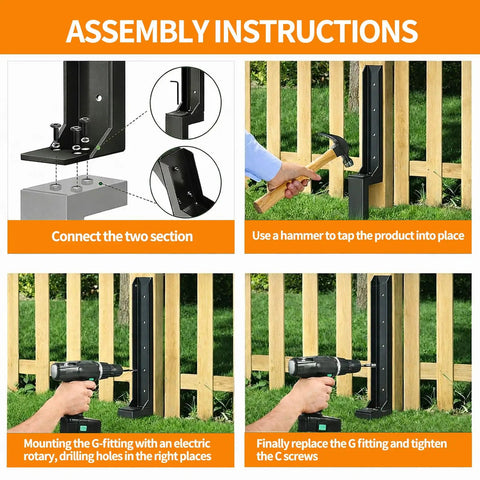 Assembly instructions for Heavy Duty Fence Post Repair Kit With Five Repair Stakes For Fixing 4x4 And 6x6 Wooden Posts