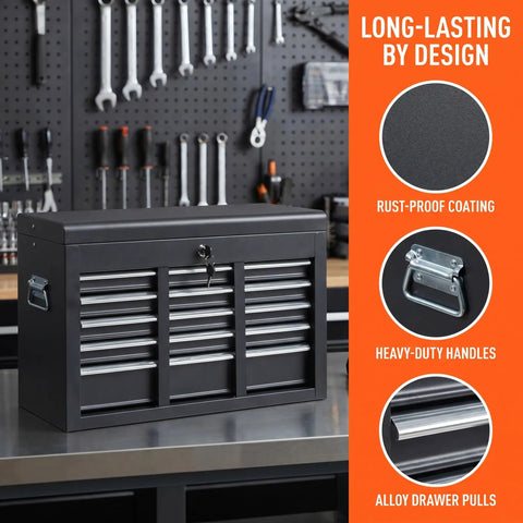 Heavy Duty 24 Inch Portable Metal Tool Box With 5 Lockable Drawers And Top Tray, Black Storage Chest Organizer For Garage Work Or Professional Carpenter Jobs, Super Slick Finished Boss Level Gear Holder With 330 Pound Load Capacity