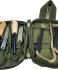 Flint And Steel Fire Starter Kit With Ferro Rods And Magnesium in green bag, includes tinder wick rope waxed hemp tinder for camping.