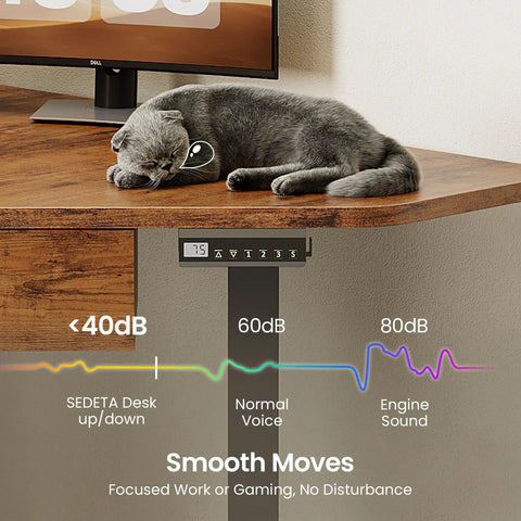 Corner Electric Standing Desk With Drawer 32 Inch Compact Space Saver Sit Stand Desk For Gaming And Home Office Rustic Brown Finish Height Adjustable From 28.3 To 46.9 Inches LED Display Memory Presets And Easy Controls, shown with a sleeping cat on the surface.