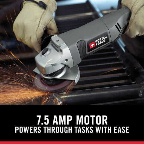 Porter-Cable 4-1/2-inch angle grinder PC750AG, 7.5-amp motor, side view with sparks