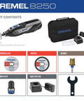 Front view of Dremel 8250-5 cordless rotary tool kit with brushless motor, 12V battery, charger, case, and discs
