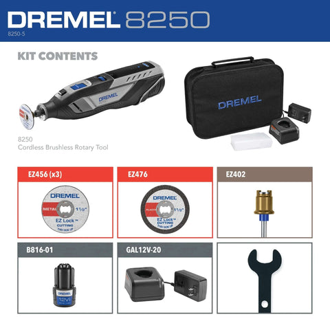 Front view of Dremel 8250-5 cordless rotary tool kit with brushless motor, 12V battery, charger, case, and discs