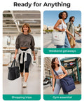 Collage of three women using Foldable 37L Travel Bag That Expands Into A Spacious Weekender For Women, Lightweight Under Seat Airline Approved Personal Item, Water Resistant Carry On Bag In Black during different activities.