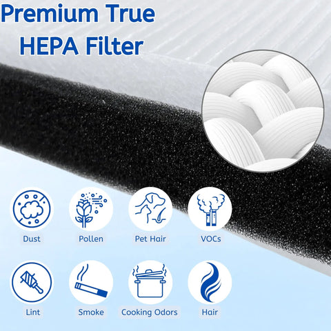Two Pack True HEPA Filter Replacement For Filtrete Room Air Purifier Models features dust and allergen icons with fiber texture.