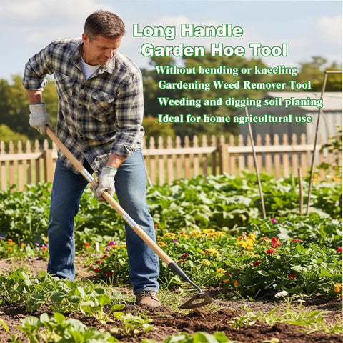 Man using Hollow Hoe Garden Tool With 55 Inch Steel Handle For Weeding And Planting Sharp Edge Weed Puller for gardens.