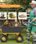 Heavy Duty Dump Cart Wagon With Quick Release Dump 800 Pound Capacity displayed with soil and gardening tools