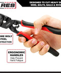 Person holding 8 Inch Mini Bolt Cutter With Chrome Moly Steel Construction And Induction Hardened Blades For Heavy Duty Wire Bolt Nail And Rivet Cutting Built To Be A Beast For Pro Trades And DIY Projects Ready To Tackle Tough Jobs