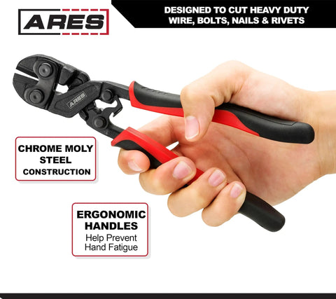 Person holding 8 Inch Mini Bolt Cutter With Chrome Moly Steel Construction And Induction Hardened Blades For Heavy Duty Wire Bolt Nail And Rivet Cutting Built To Be A Beast For Pro Trades And DIY Projects Ready To Tackle Tough Jobs