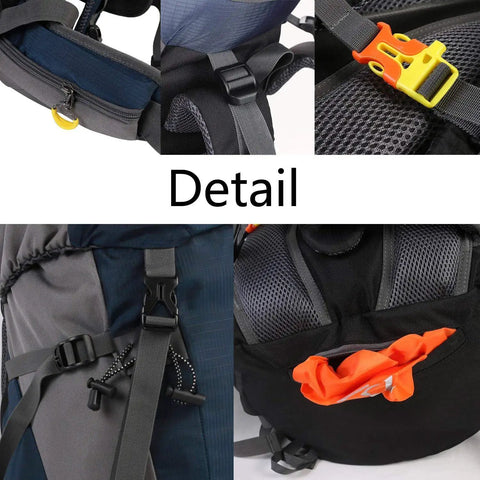 Close-up of 50L Hiking Backpack For Men With Rain Cover Expandable 45L Plus 5L showing straps, buckles, and mesh details.