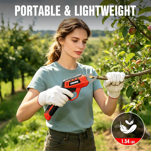 Woman using Cordless Electric Pruning Shears With 0.7 Inch Cutting Diameter 4000mAh Battery SK5 Blades for tree branch trimming in garden