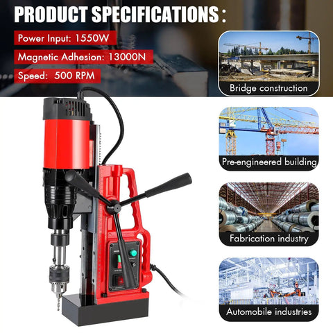 Heavy Duty 1550W Magnetic Drill Press With Variable Speed Up To 500 RPM, portable design for steel construction tasks.