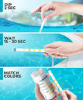Instructions for 7 In 1 Pool And Spa Test Strips Kit For Easy Water Testing With No Fuss Seven Must Haves Like Chlorine, Bromine, PH, Alkalinity.