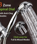 High Pressure Six Setting Handheld Showerhead With Hose 3.5 Inch Chrome Face showing powerful rinse and spiral dial