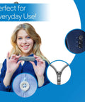 Button Hook With Zipper Pull No Fuss Dressing Aid With Comfort Grip Handle For Limited Hand Dexterity, Makes Buttoning And Zipping Clothes A Breeze Every Day. woman holding grey button hook with zipper pull, close-up of button and zipper use