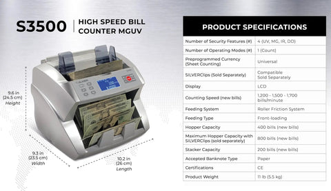 Workhorse Cash Counter With Counterfeit Detection UV MG IR DD DBL HLF CHN, Sorts Bills By Denomination, shown with hopper and display.