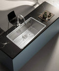 Kitchen view with Heavy Duty Stainless Steel Sink Grid For Kitchen 27.5 By 13.5 Inches Keeps Sink Scratch Free Rear Drain Design