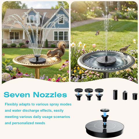 Two views of a 1.4W Solar Bird Bath Fountain Pump with upgraded panels, floating in bird baths, showing spray nozzles and rods.