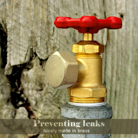 Two Pack Half Inch Brass Blanking Caps With Gasket installed on outdoor valve, showcasing rustproof and durable seal to prevent leaks.