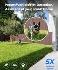 4K PoE Outdoor Security Cam with 123 Degree Field Of View And 5X Optical Zoom monitoring backyard with pet detection