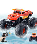Waterproof Monster Truck Toy 1 To 16 Scale Amphibious Remote Control Car splashing through water with handheld controller