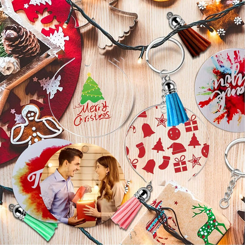 Super Hype DIY Acrylic Keychain Blank Kit Includes Sixty Clear Blanks Plus Rings Tassels Bags And Paper Cards For Painting Projects That Turn Awesome Custom Designs Great Value Set For Beginners Making Personalized Things That Look Totally Cool. Clear acrylic keychain blanks with tassels and rings, assorted holiday designs on wood surface