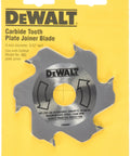 Dewalt carbide tooth plate joiner blade in packaging, 4-inch diameter, suitable for masonry, concrete, or metal with safety instructions