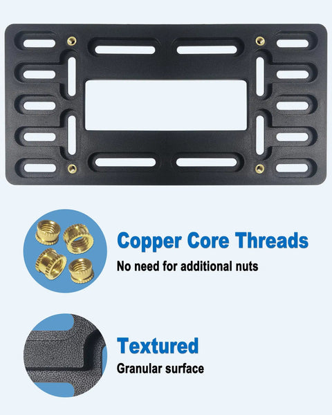 Front License Plate Mounting Kit With Black Aluminum Frame And Plastic Bumper Tag Adapter showing copper thread screws detail