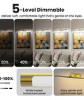 Next Level Wireless Picture Light For Wall With 8000Mah Battery And Remote For Large Portraits Sleek Brass Build Heavy Duty Setup Quick Install, showing 5-level dimmable lighting settings over artwork.