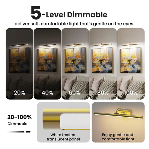 Next Level Wireless Picture Light For Wall With 8000Mah Battery And Remote For Large Portraits Sleek Brass Build Heavy Duty Setup Quick Install, showing 5-level dimmable lighting settings over artwork.