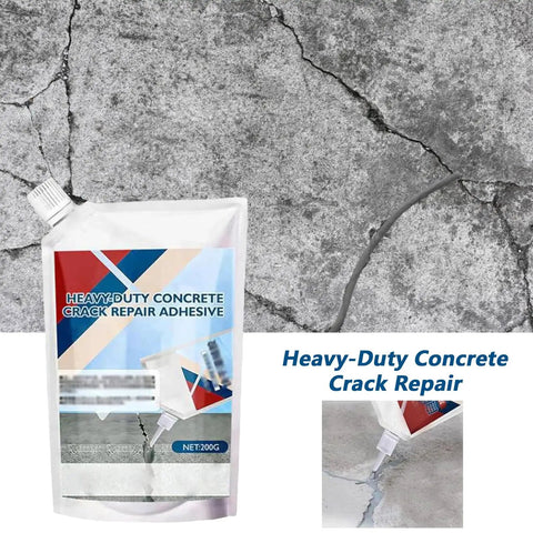 Self Leveling Concrete Crack Repair Sealant For Slabs And Brick Stone Indoor Outdoor Quick Dry Caulking DIY Ready Heavy Duty Glue For Crack Fix And Home Improvement Construction Projects pouch with cracked surface background