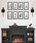 Modern Indoor Wall Sconces Set Of 2 In Bronze With Clear Glass Shades Sleek Minimalist Bedroom And Living Room Lighting Easy Two Way Install Durable Bronze Finish Perfect Accent Lights For Home Decor displayed on either side of framed sketches above a fireplace.