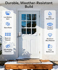 Satin Nickel Smart Keypad Door Lock With Handle Dropping No Sweat Keyless Entry Security To Your Front Door With Smooth App Control displayed on a snowy entrance.