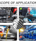 Comparison of applications for the All In One Vacuum Line Kit With Six Five-Foot Hoses And 113 Connectors, Silicone Vacuum Tubing For Car Piping System, Auto Replacement Hoses Up To 130 PSI, showing suitability for air and water transport, not for gas and oil.