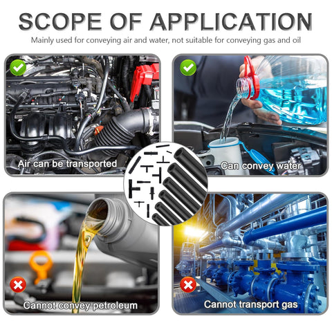 Comparison of applications for the All In One Vacuum Line Kit With Six Five-Foot Hoses And 113 Connectors, Silicone Vacuum Tubing For Car Piping System, Auto Replacement Hoses Up To 130 PSI, showing suitability for air and water transport, not for gas and oil.